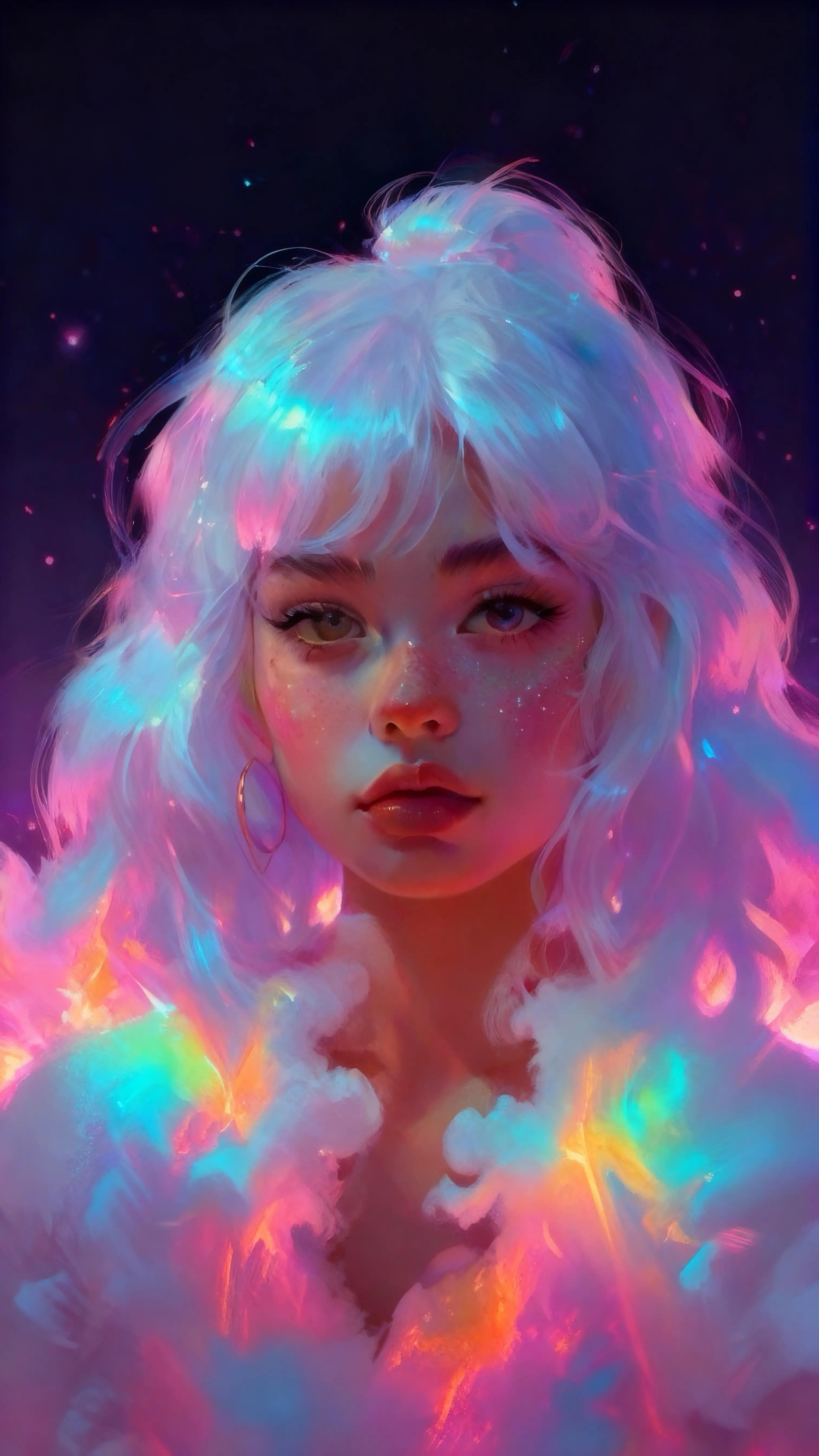 雲朵般髮絲的空靈女子宇宙肖像