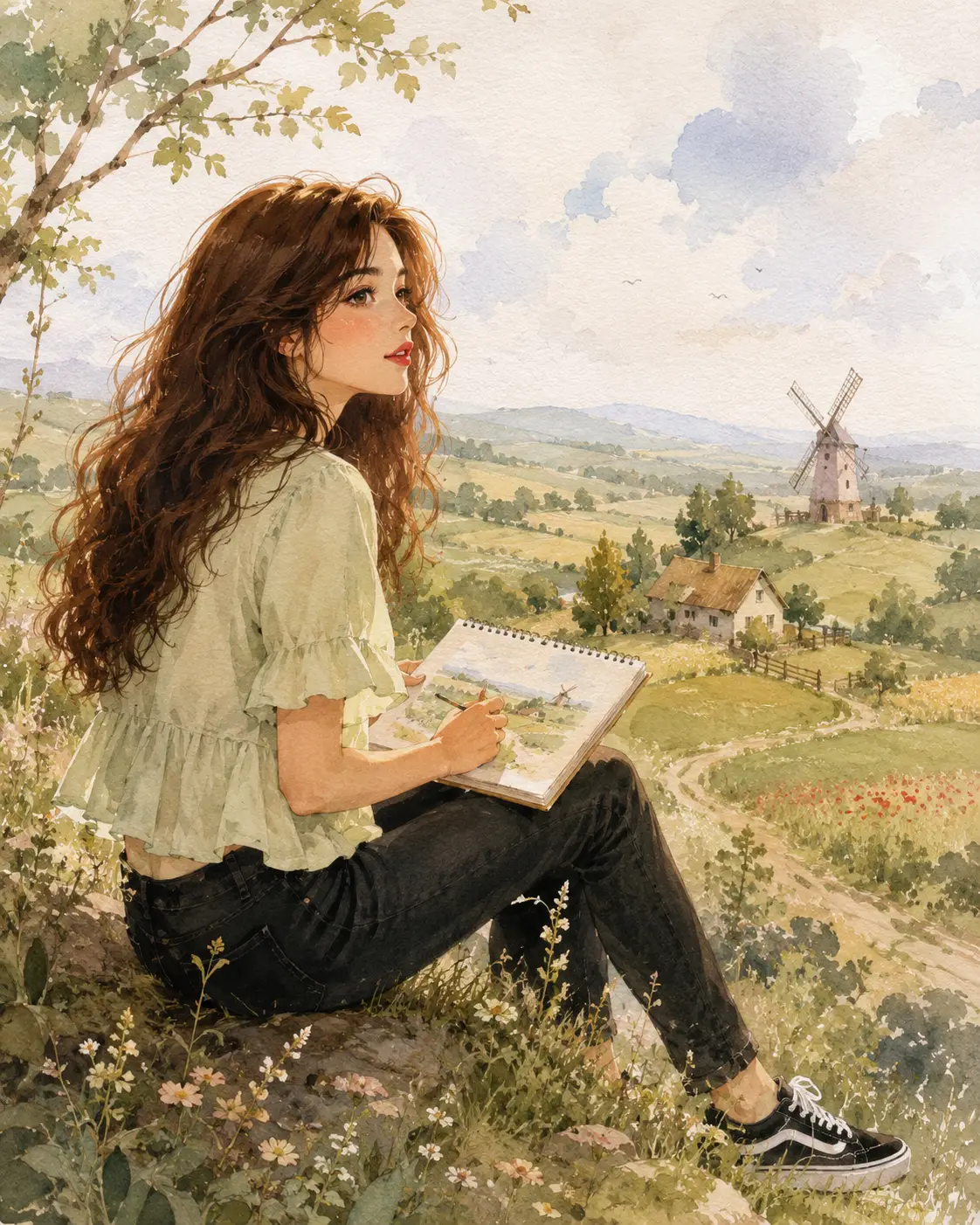 女孩在寧靜鄉村草地上素描的場景