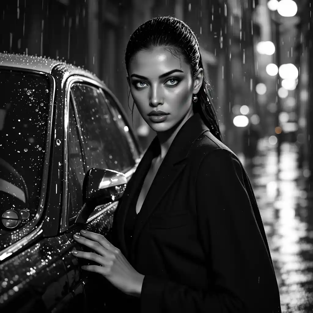 Mysterious woman by rainy car in noir fashion portrait