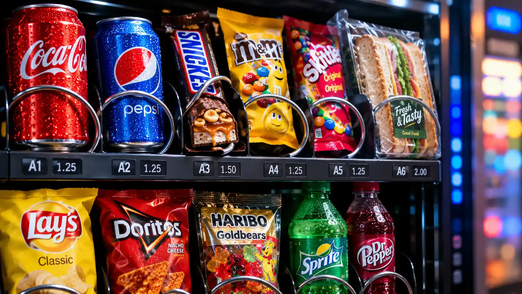 Close up view of snacks inside a vending machine