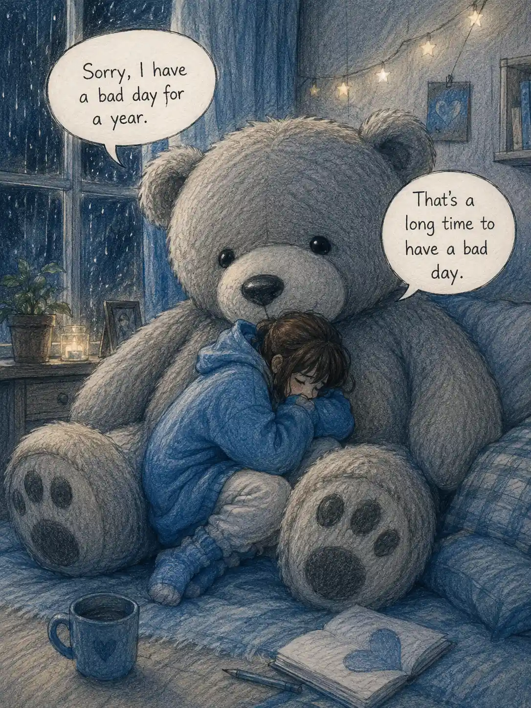 Girl cuddling a giant teddy bear in soft pencil colors