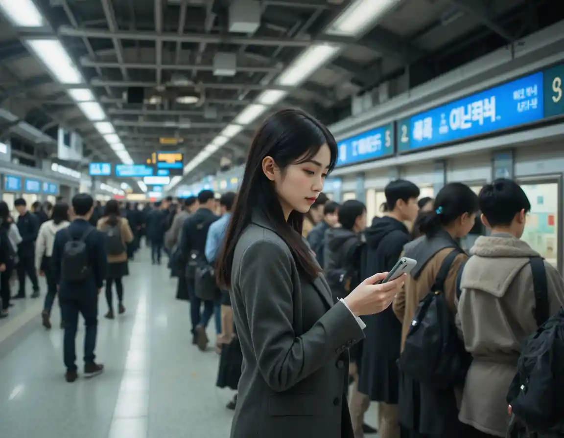 ソウルの駅で列に並んで待つ若い女性