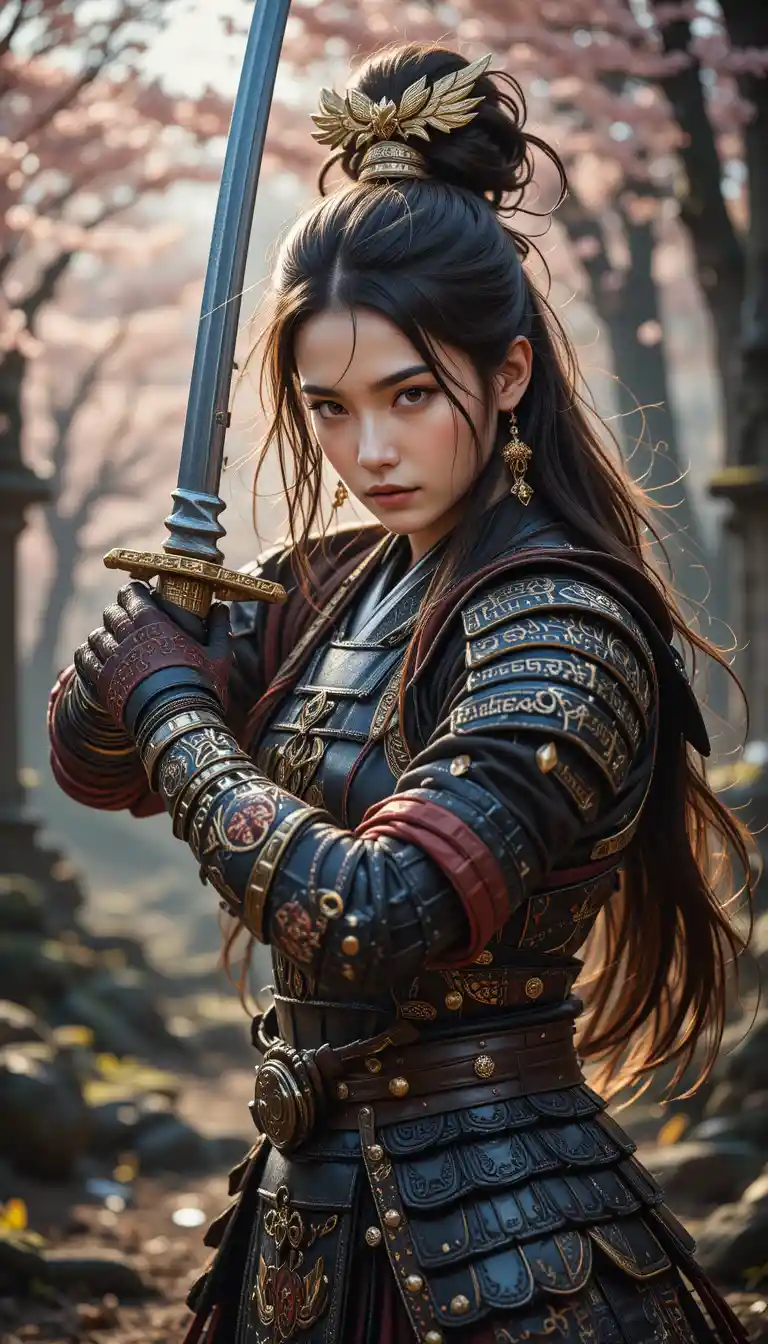 神祕森林中的兇猛女戰士與武士盔甲