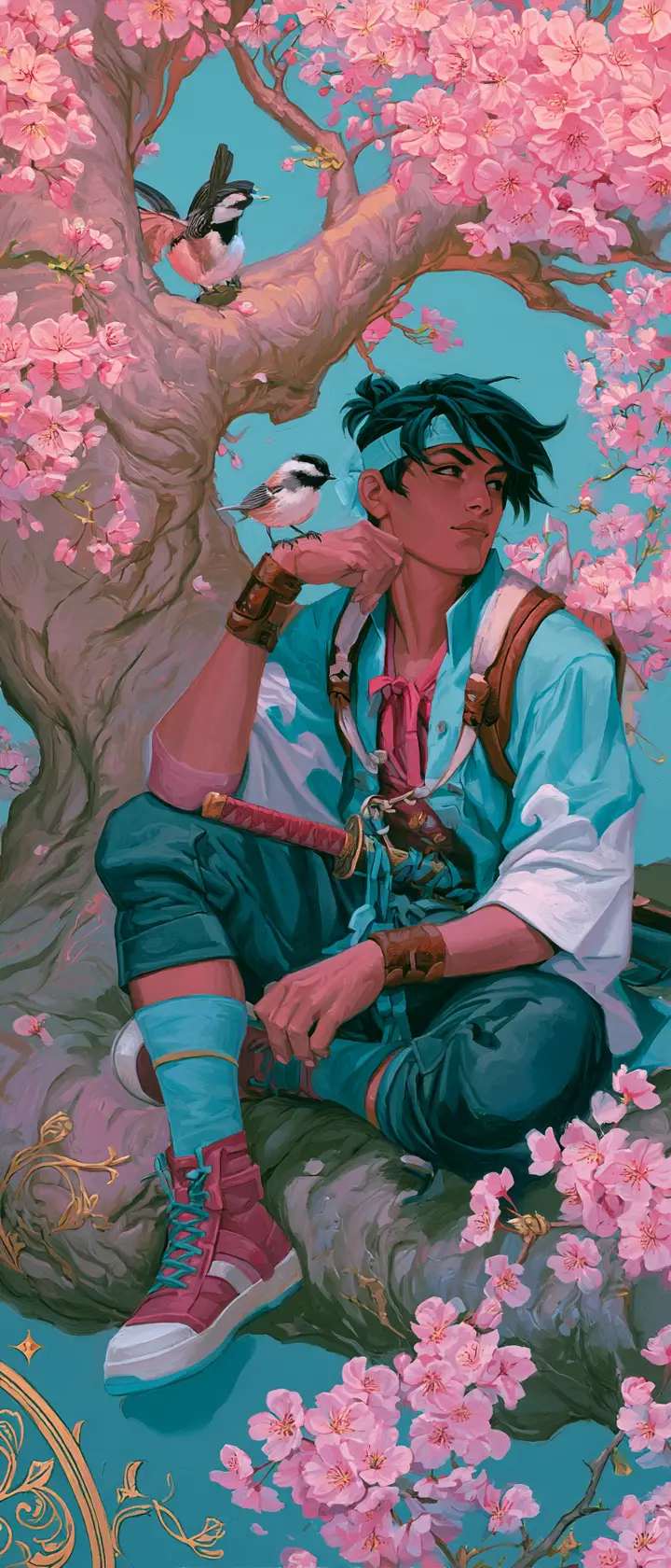 花樹下休憩的武士系動漫角色與小鳥
