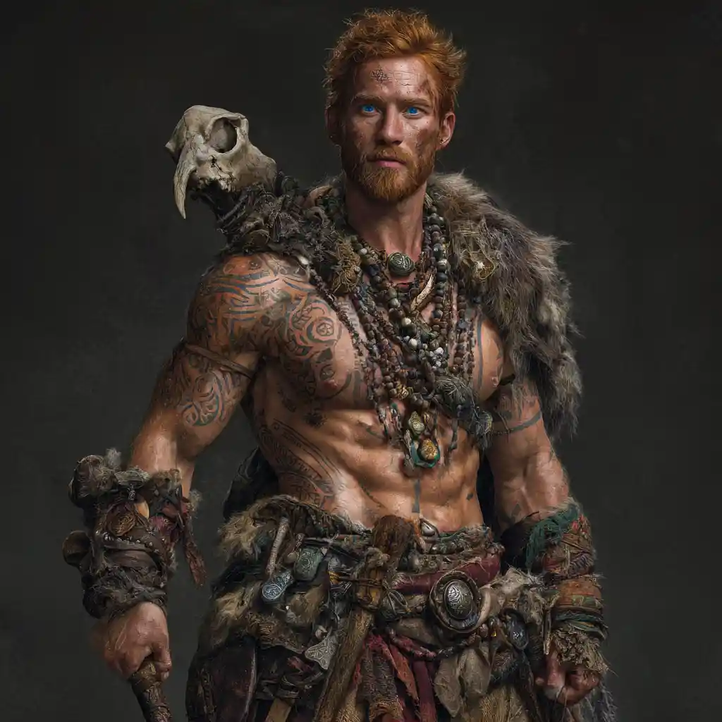 Red haired barbarian woman with tribal tattoos and fur clothing