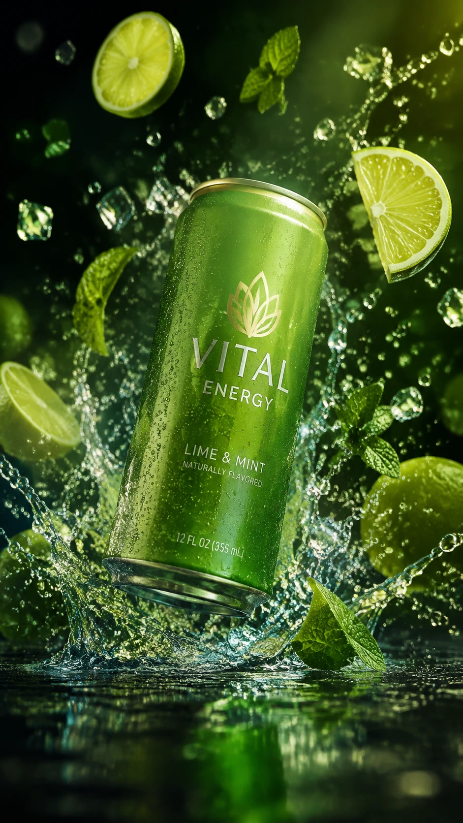 Cinematic beverage product shot with dynamic frozen splashes