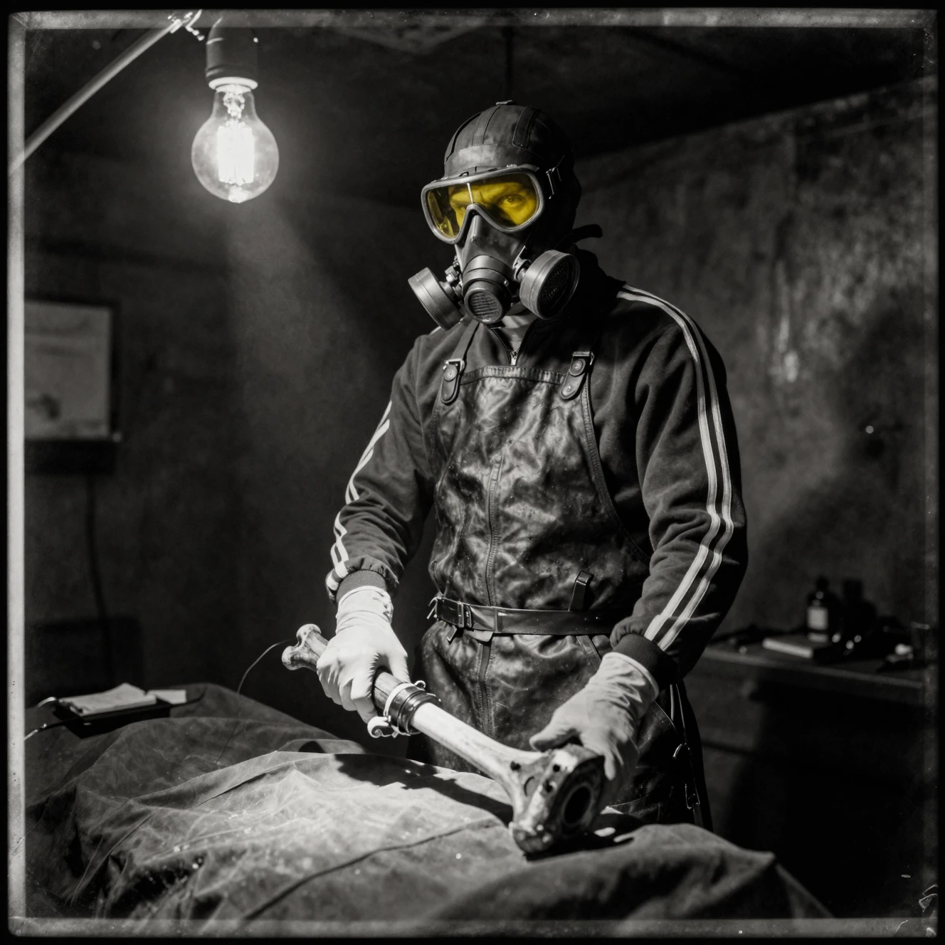 Masked surgeon over table in gritty monochrome bunker