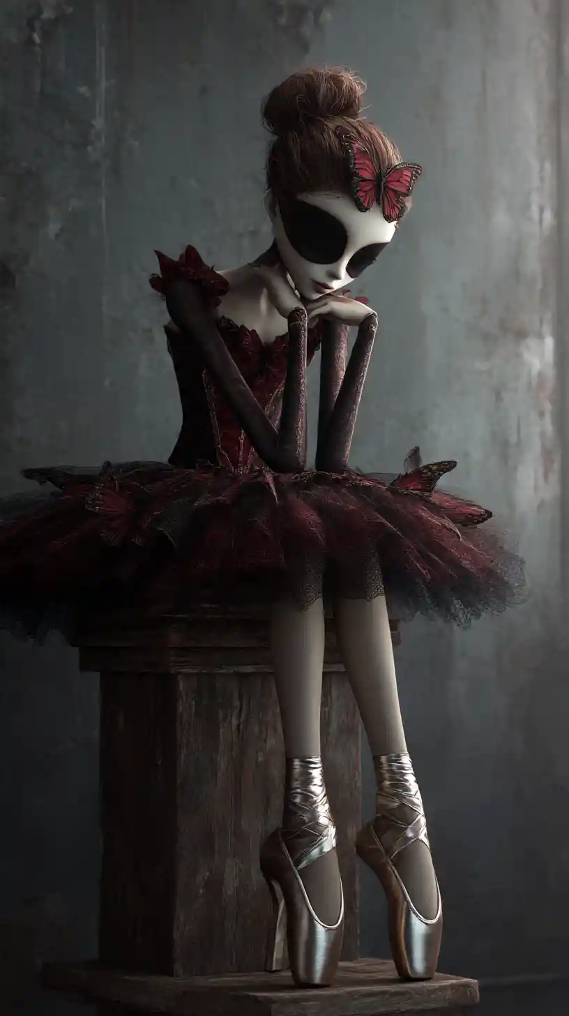 Melancholic gothic ballerina on a worn wooden stool