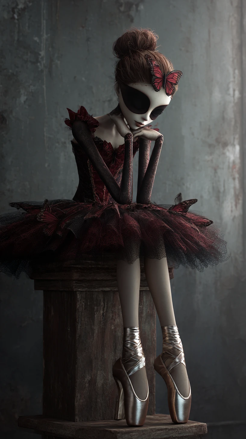 Melancholic gothic ballerina on a worn wooden stool
