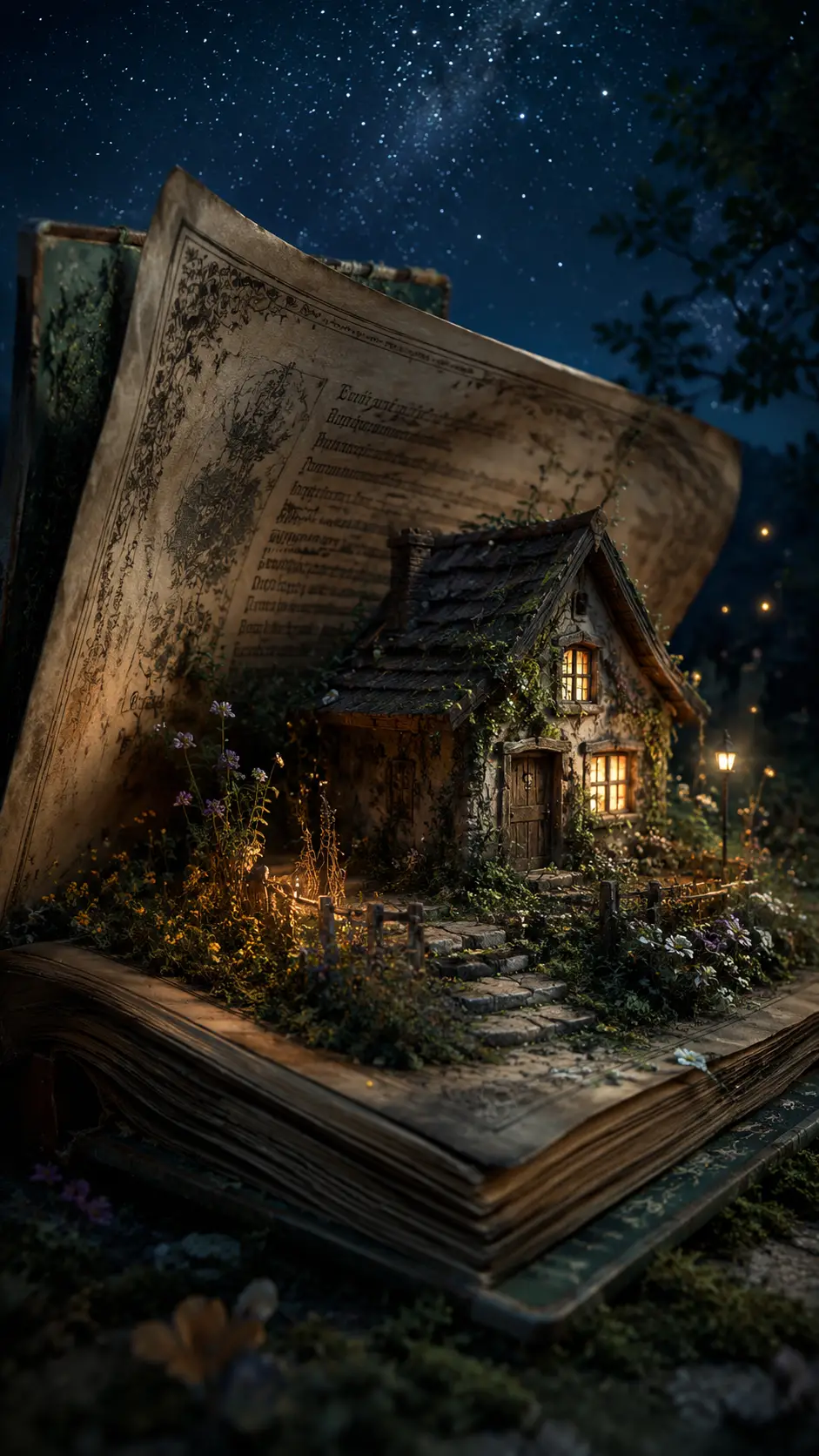 Tiny glowing cottage hidden inside a giant storybook