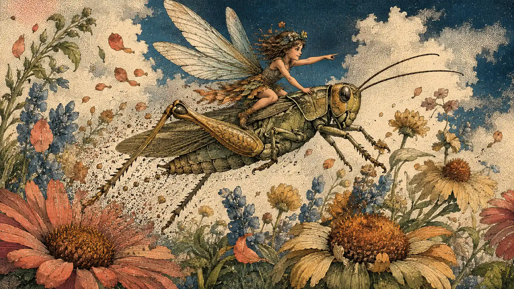 Fairy Riding A Leaping Grasshopper Through Giant Meadow Flowers