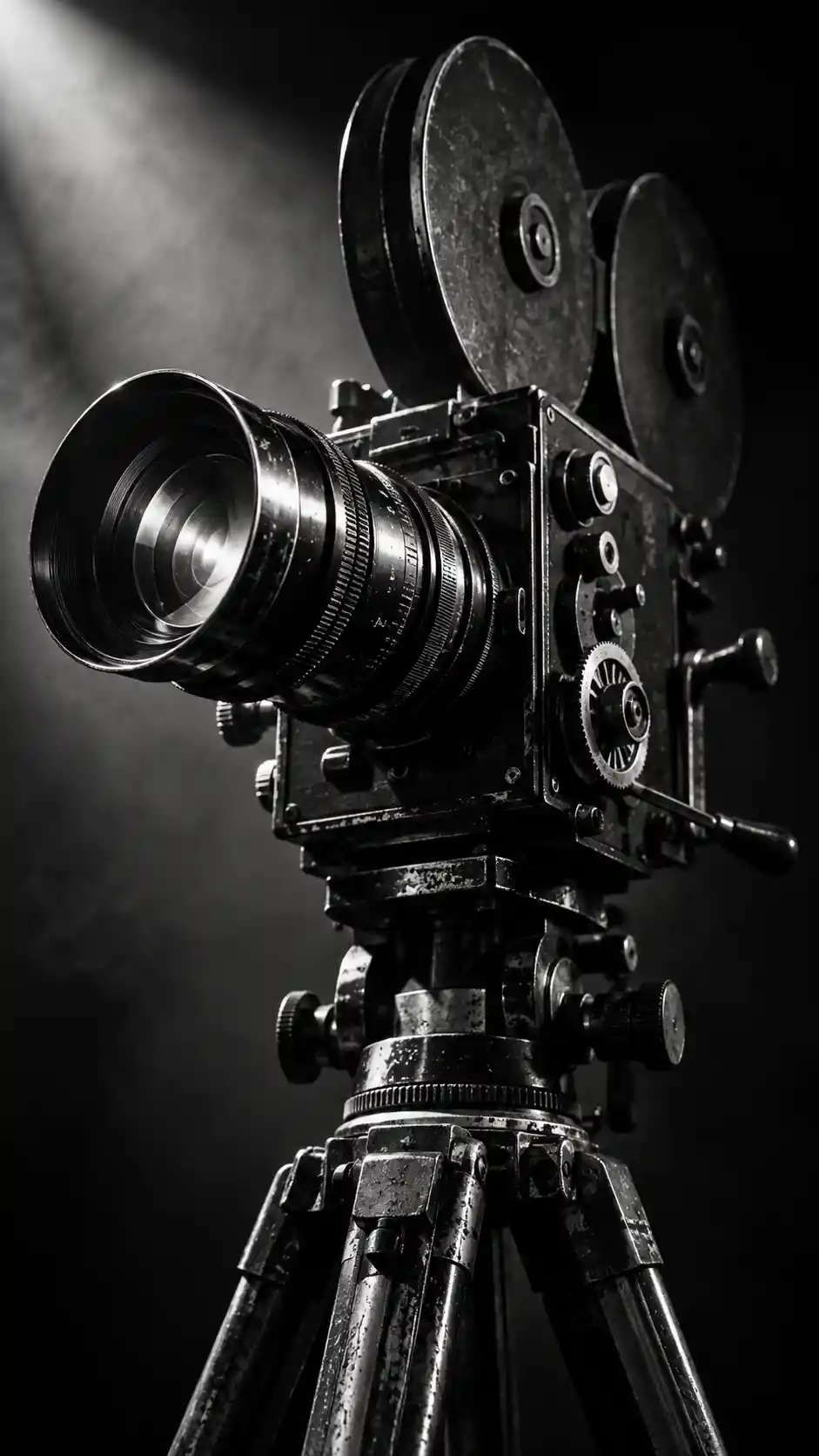 Vintage film camera in dramatic black and white lighting