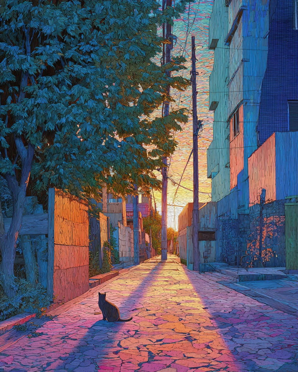 Riesige Katze auf einem ruhigen Stadtweg bei Sommer-Sonnenaufgang