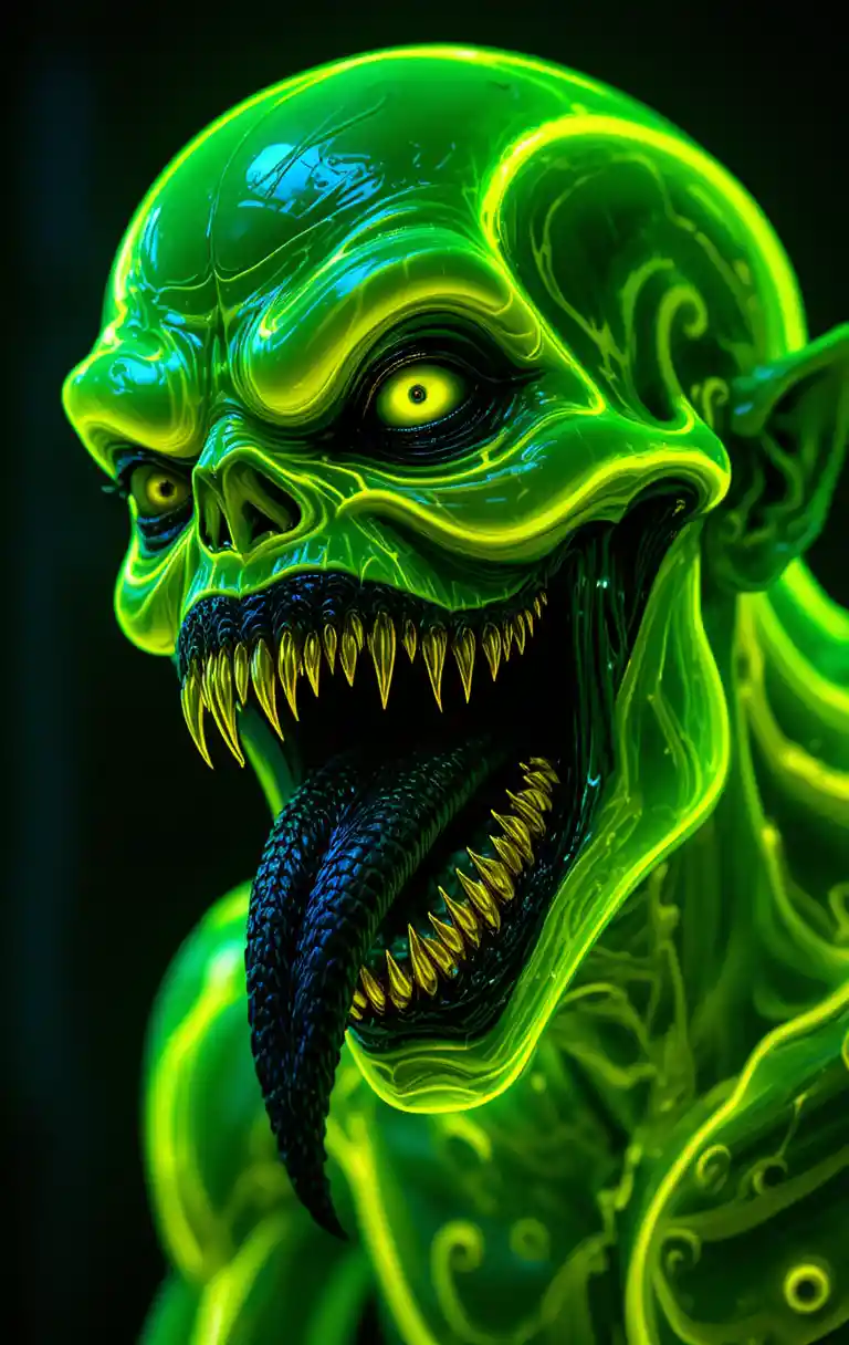 Mostro grottesco verde lime con denti di metallo affilati come rasoi
