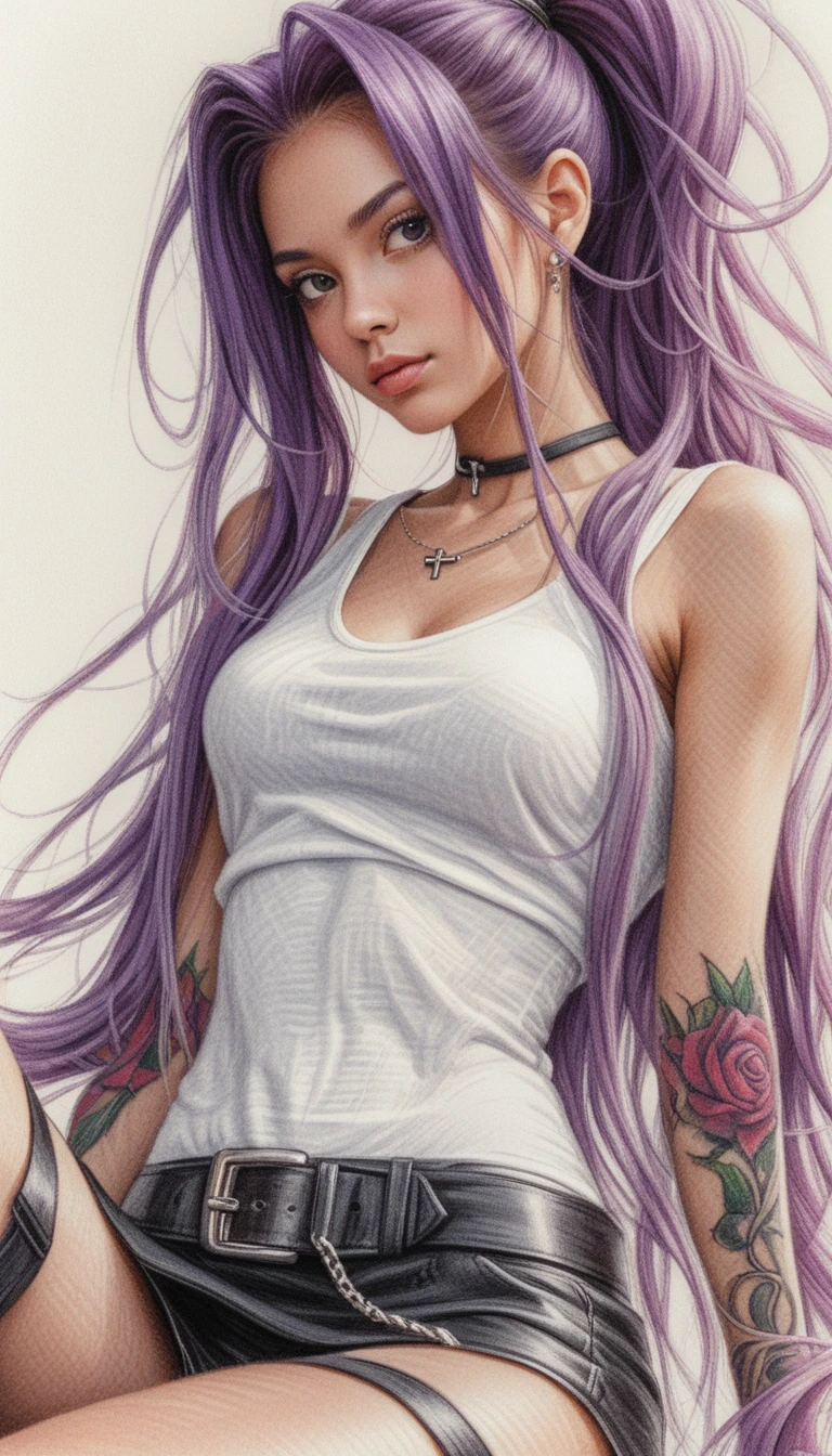 Purple haired girl portrait in colored pencil style
