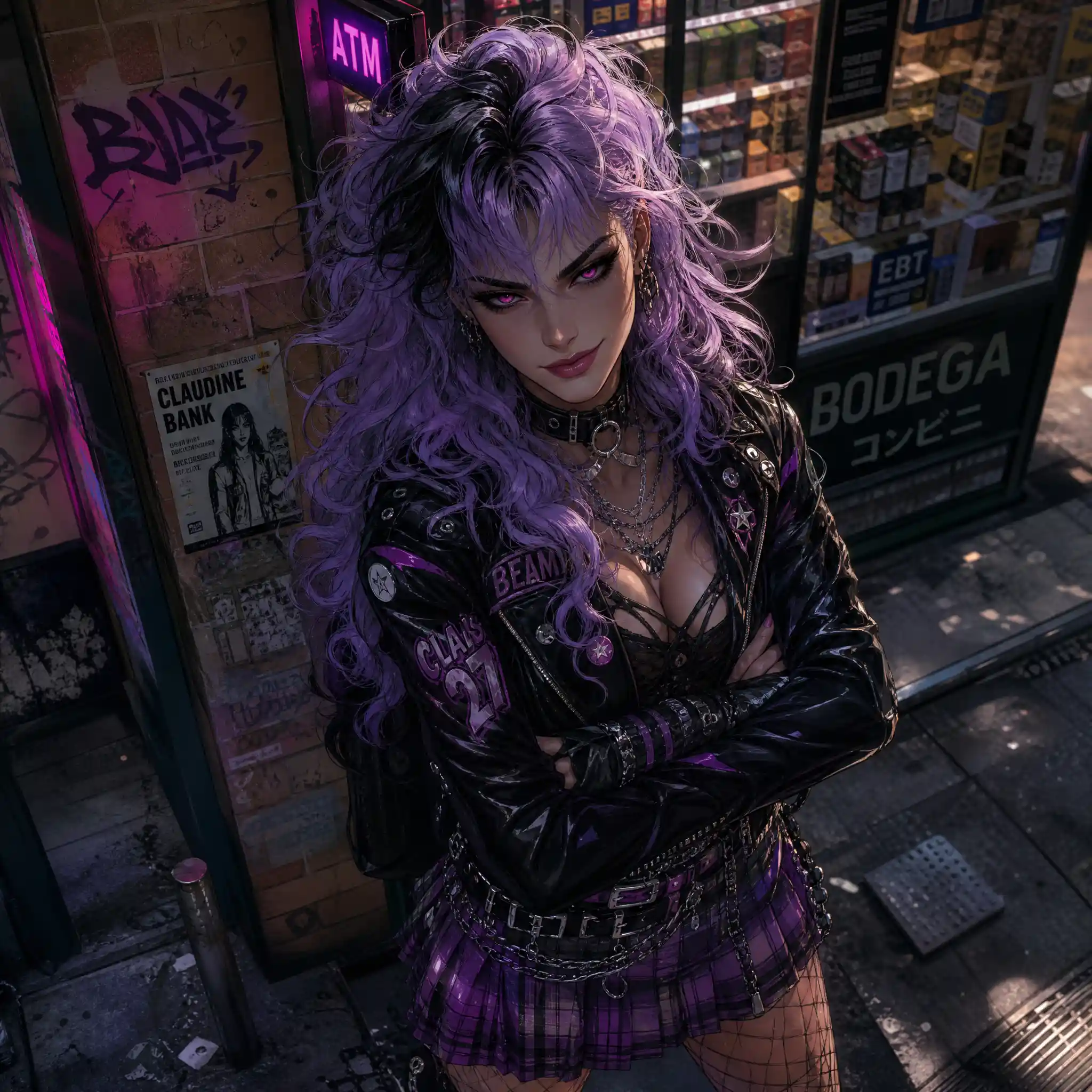 Donna anime sicura di sé in stile punk all’angolo di una strada in città