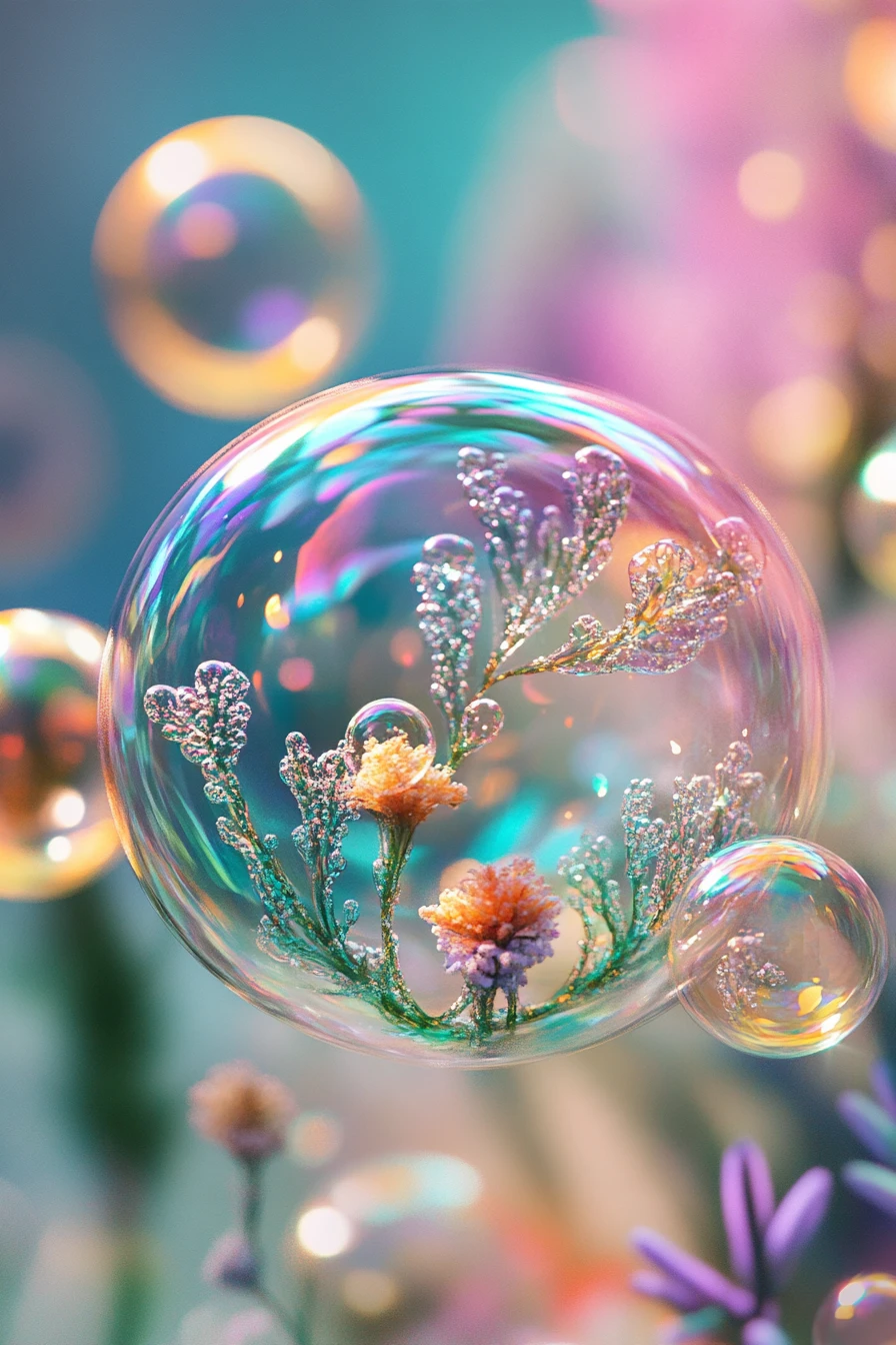 Paysage Onirique Surréaliste de Bulles Irisées Flottantes aux Minuscules Mondes
