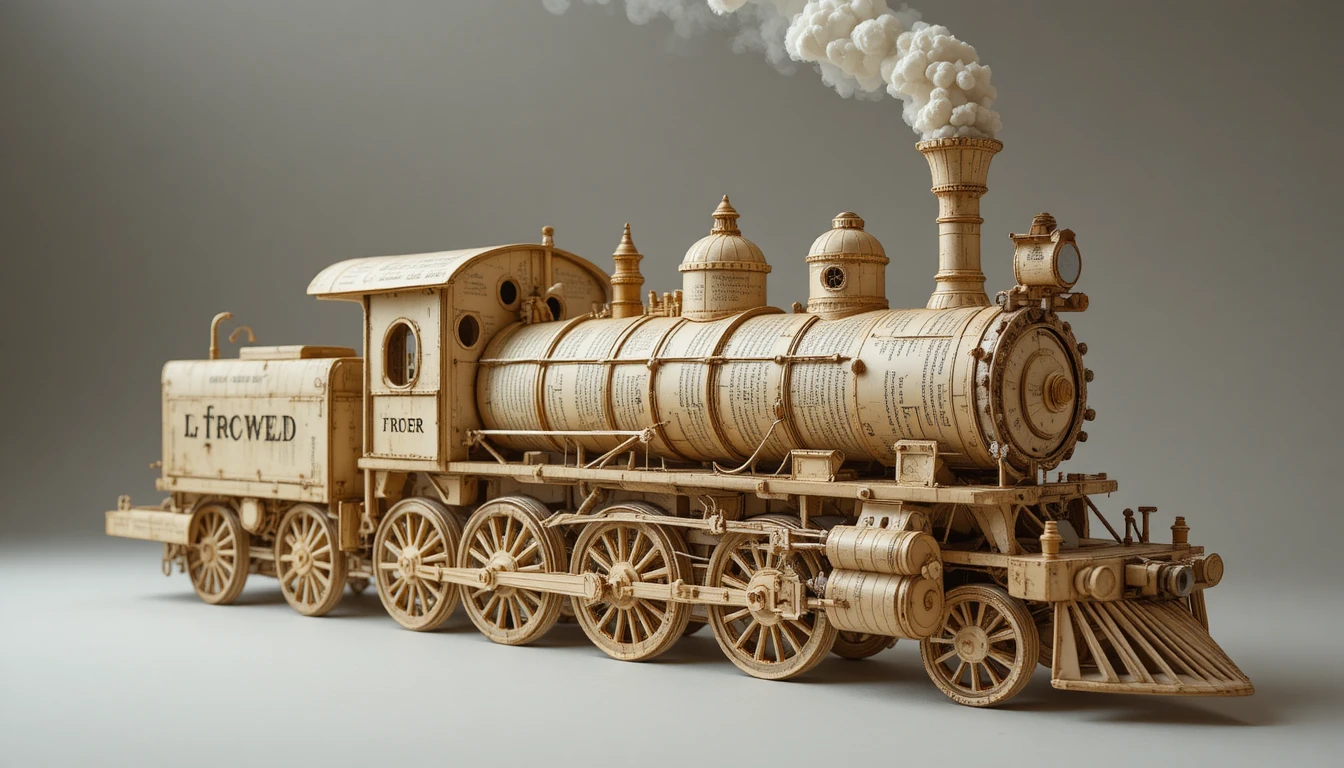 由復古紙頁打造的維多利亞時代蒸汽火車頭
