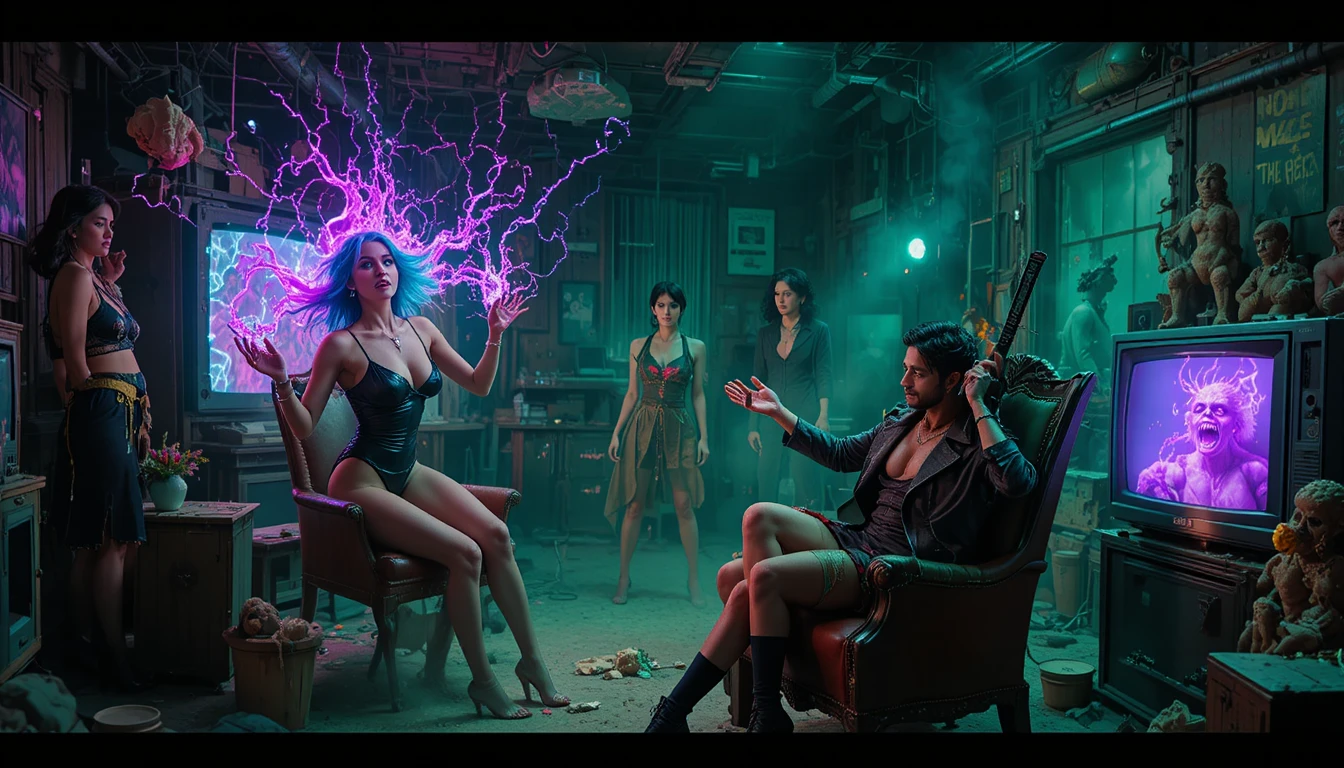Chaotic occult ritual in a cluttered neon lit basement
