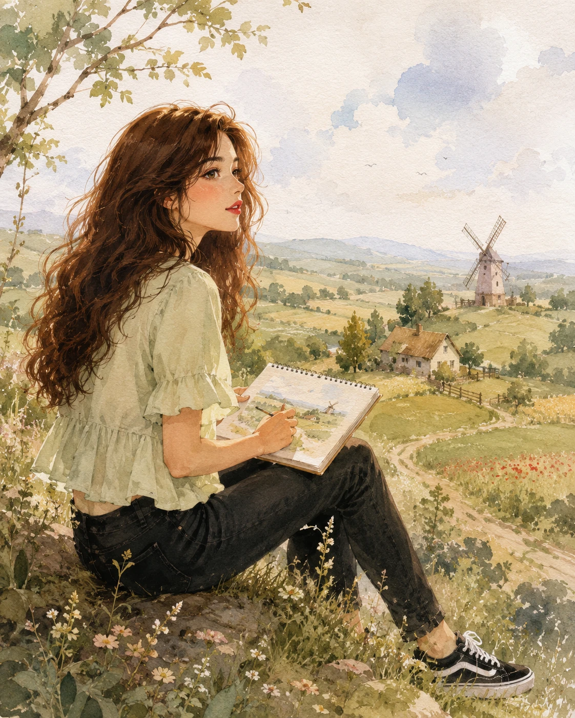 Girl sketching in a peaceful countryside meadow scene