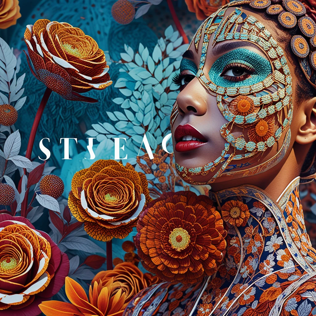 Close up fashion portrait of black woman with floral makeup