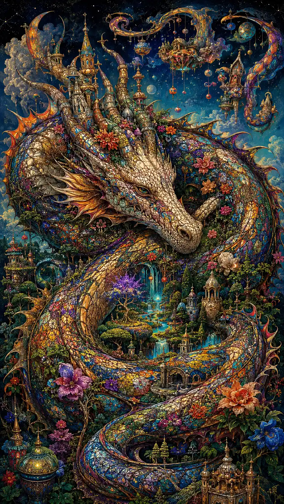 Dragon fantastique enroulé autour d’un impossible jardin en vitraux
