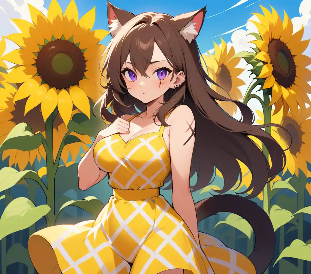 明るいひまわり畑の傷だらけの猫耳女性