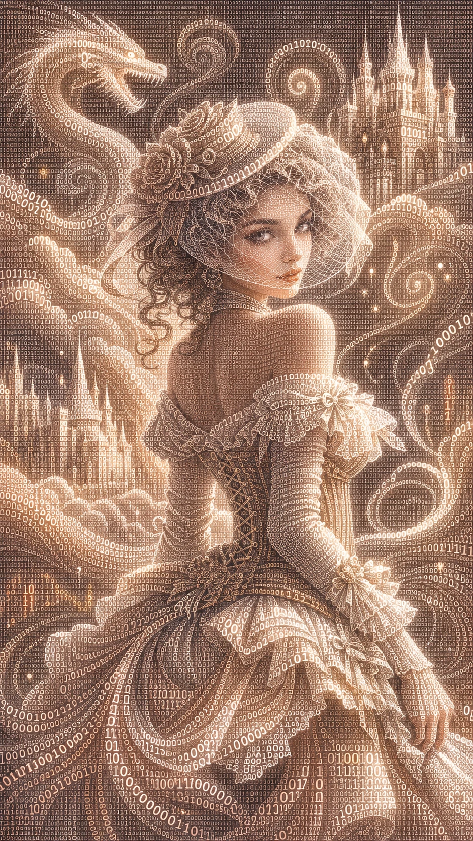 Elegant binary code portrait of a mysterious veiled lady