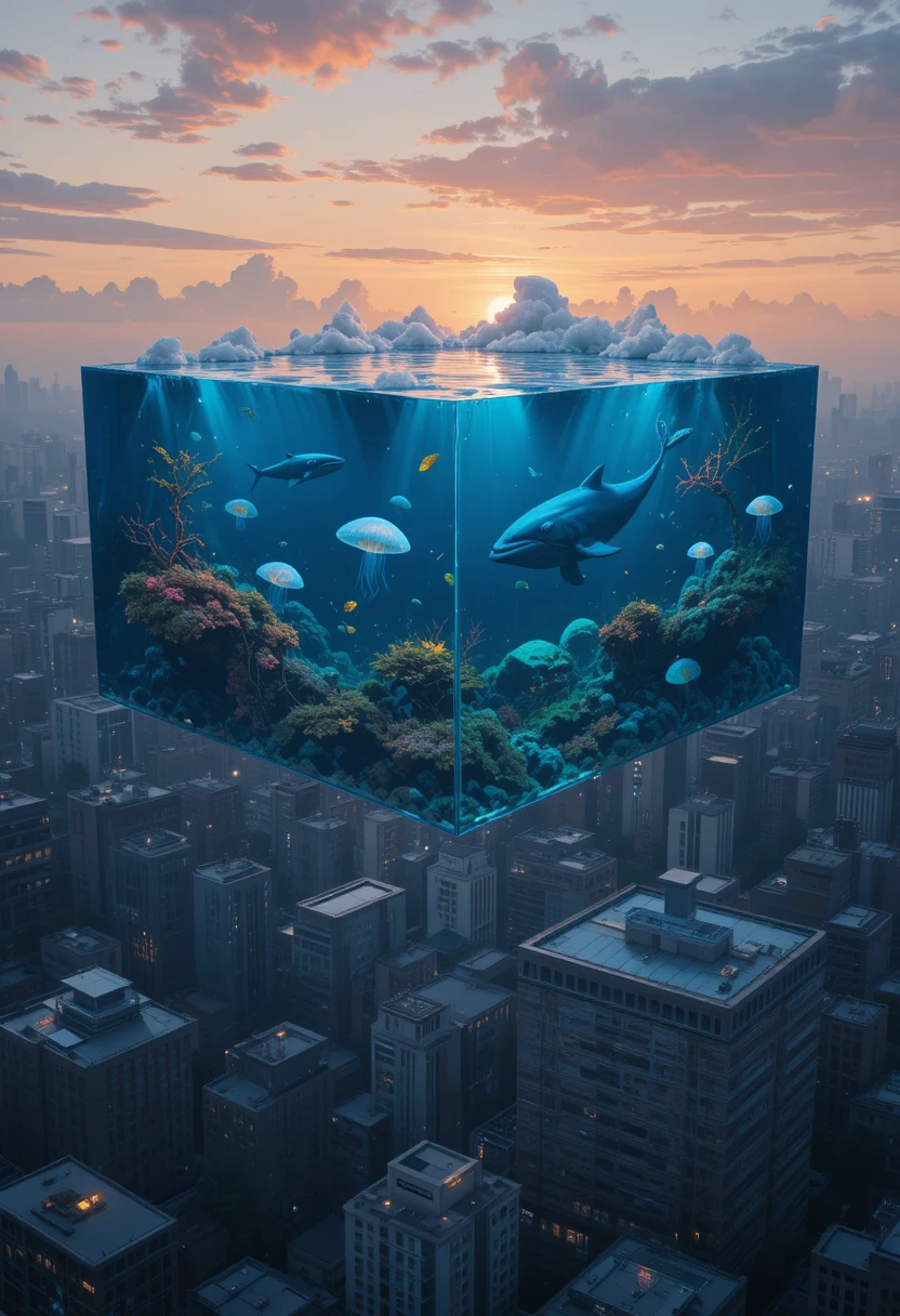 Giant Floating Aquarium Above A Modern City At Sunset
