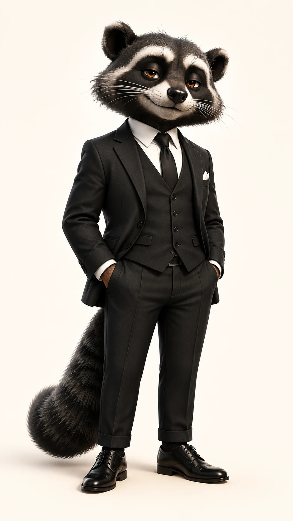 Binturong confiado con traje negro sobre fondo color crema