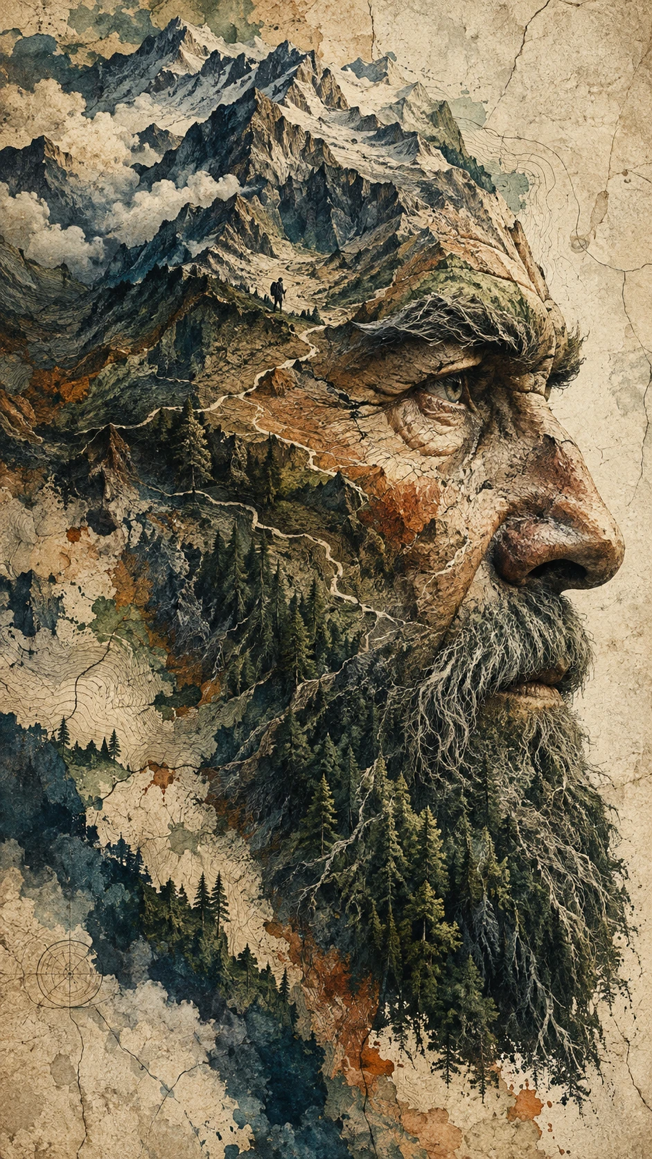 Elderly Man Profile Merging Into Surreal Mountain Landscape