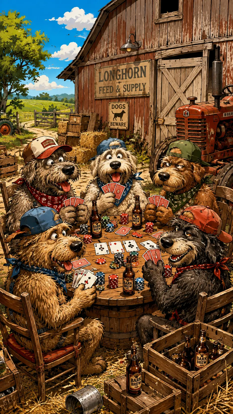 Dogs Playing Poker Outside A Rustic Farm Barn