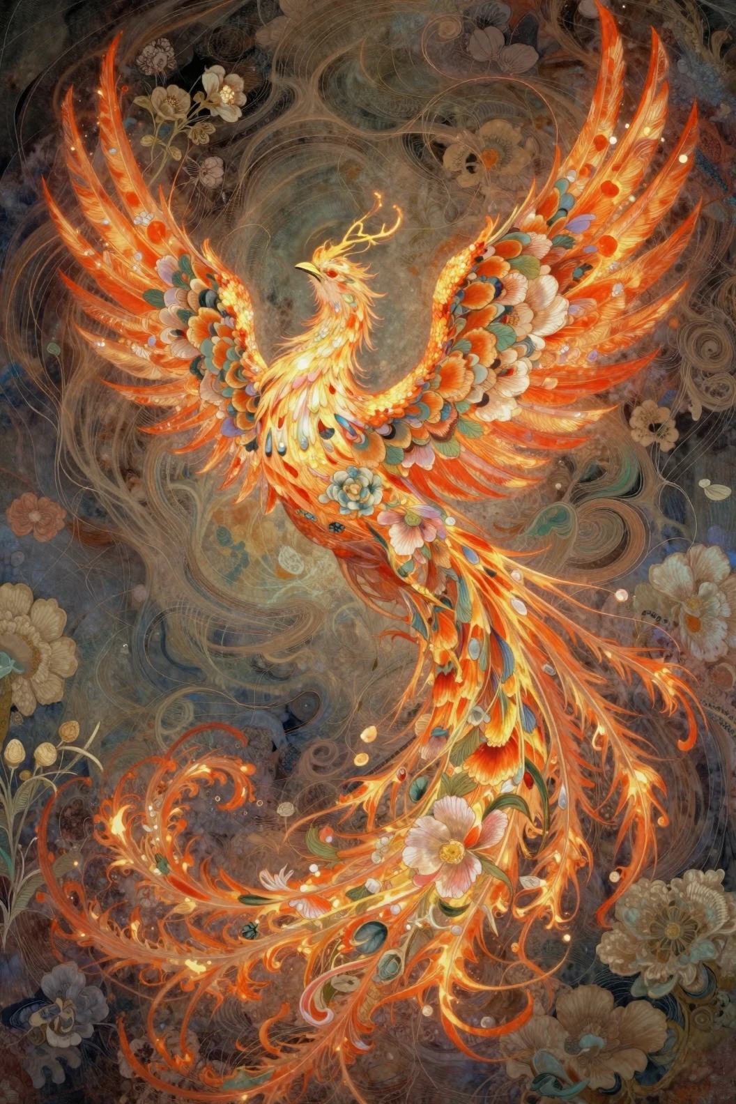 Mystical phoenix rising from ashes in floral fusion