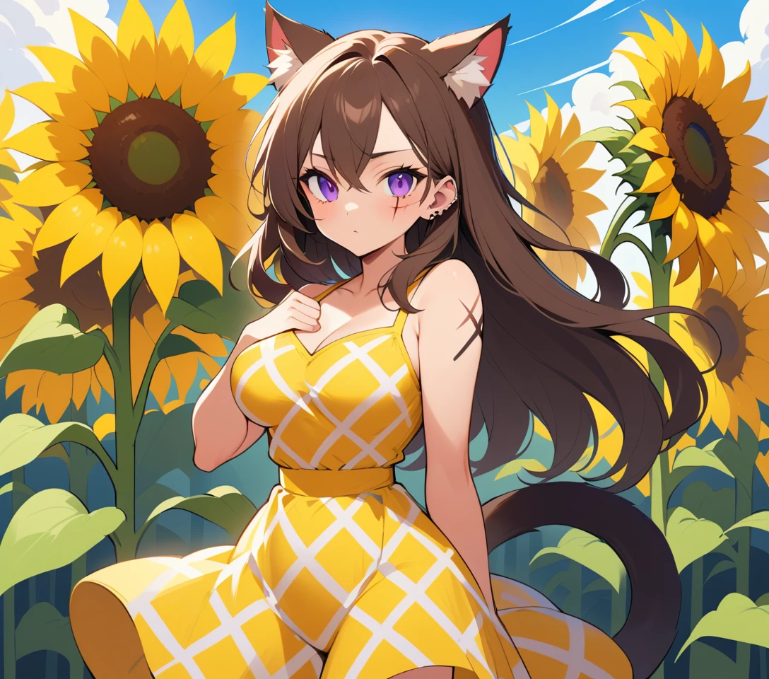 Scarred cat eared woman in a bright sunflower field
