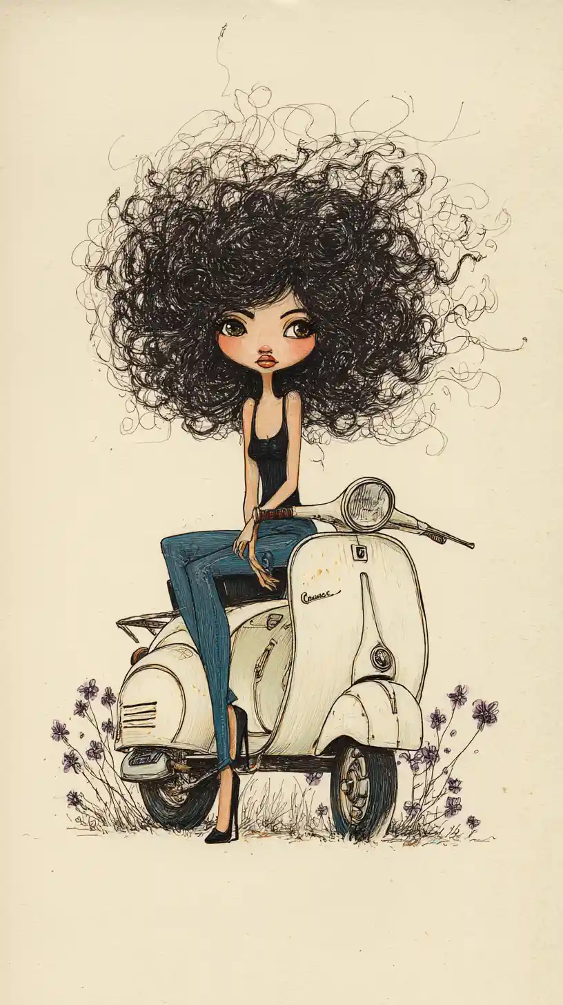Femme fantaisiste sur scooter vintage – illustration de face
