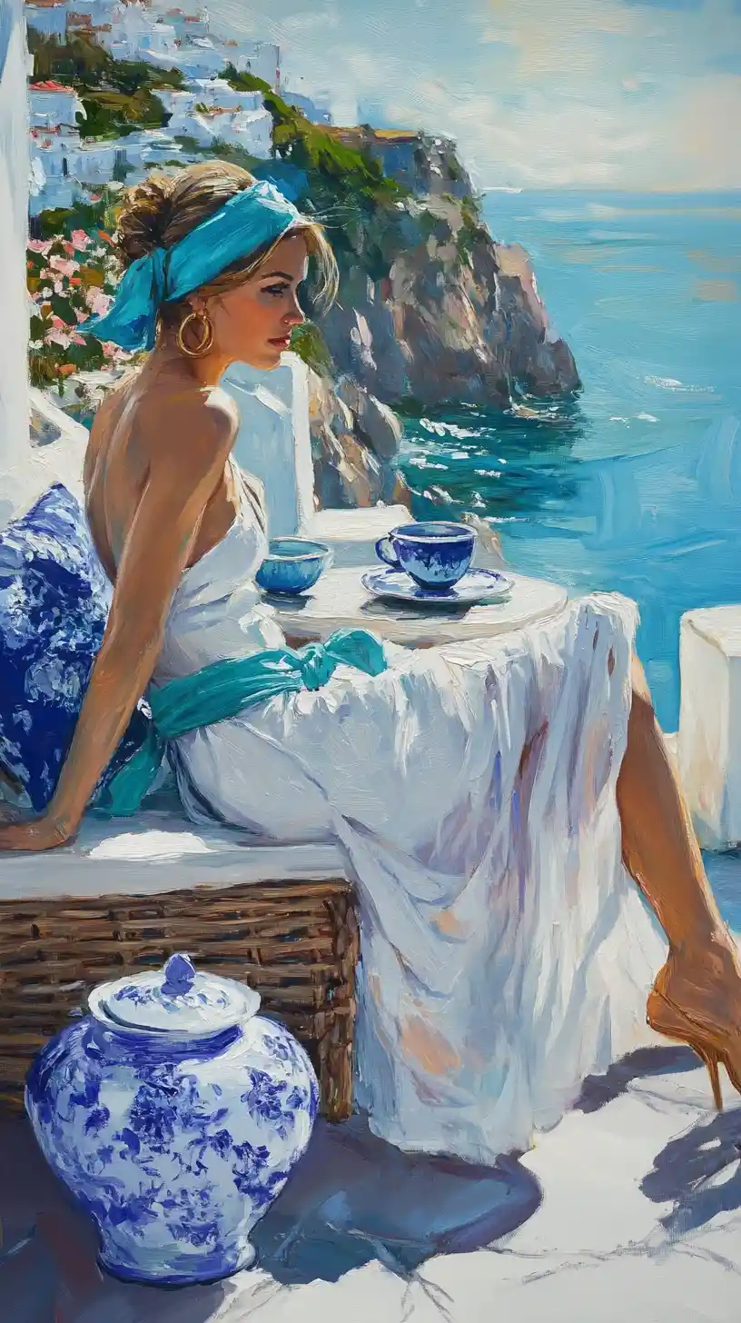 Sunlit woman relaxing on a Mediterranean sea terrace