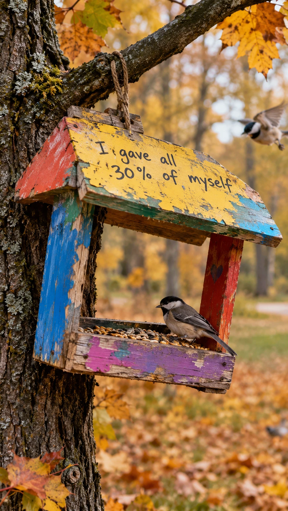 Mangeoire colorée et de travers sur un arbre de forêt en automne
