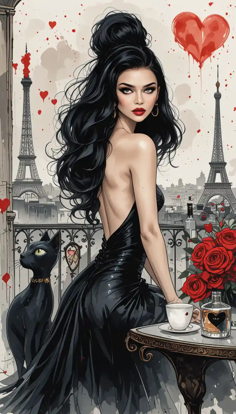 Elegant woman on Paris balcony with black cat
