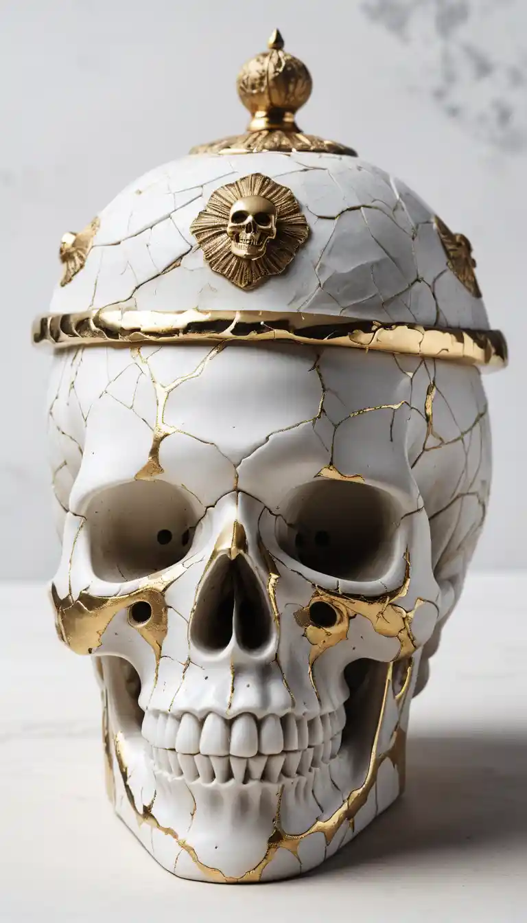 Ceramic skull box merging into a rustic stone house