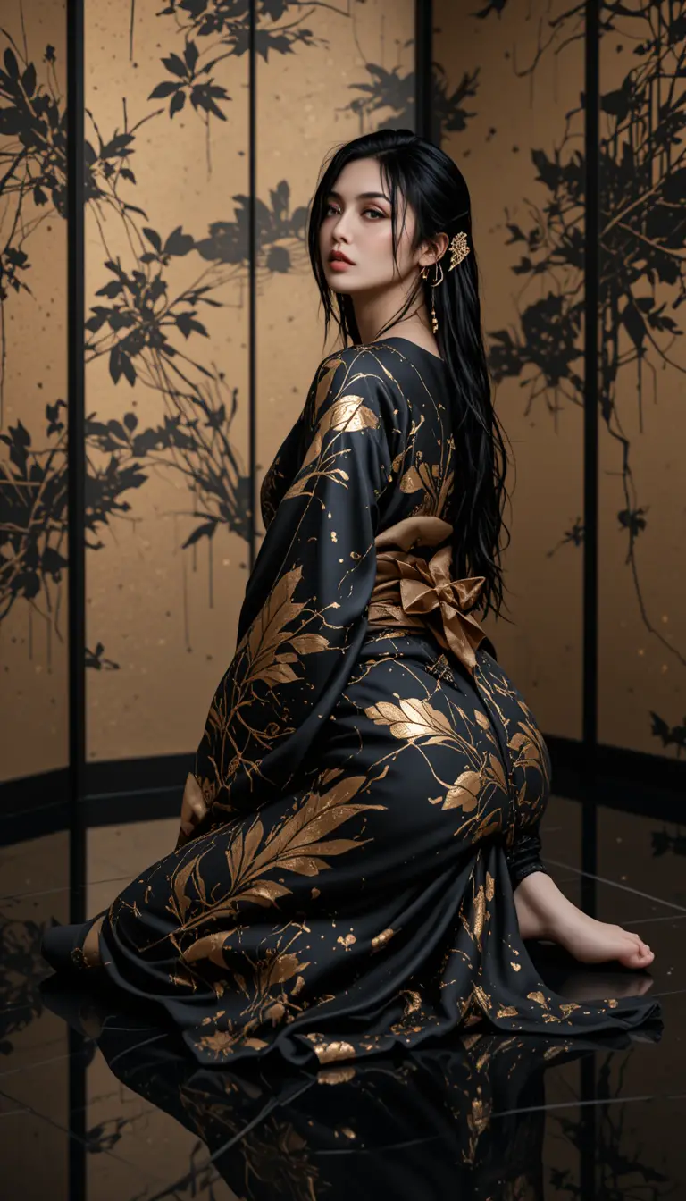 黑色和服優雅女子於反光深色地面