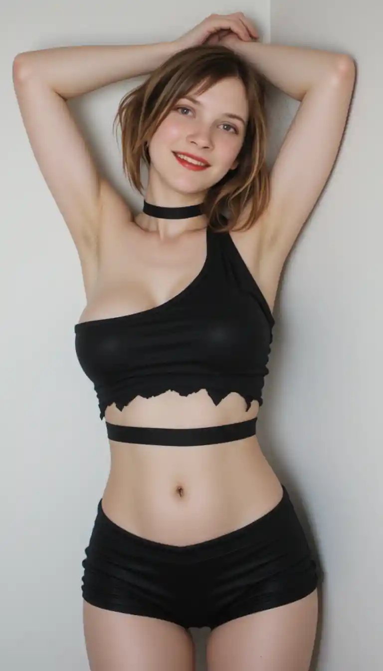 Nerdy blonde girl posing against a white wall