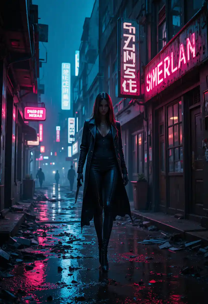 Weiblicher Androiden-Attentäter in einer neongetränkten Cyberpunk-Stadt