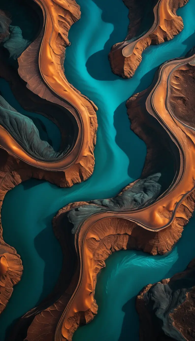 Topografia liquida astratta in tonalità rame e teal