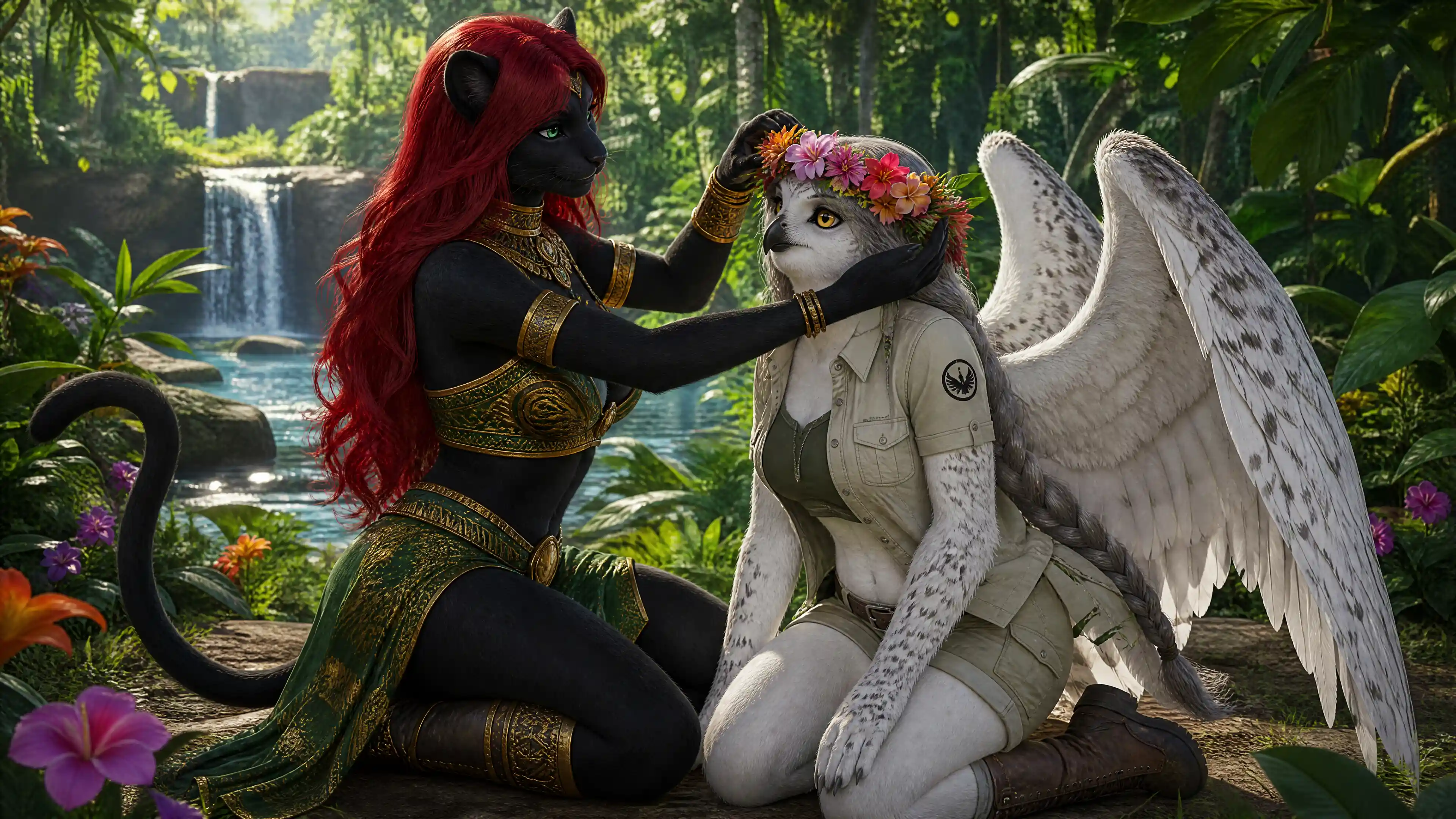 Panther princess crowning her owl wife in tropical jungle