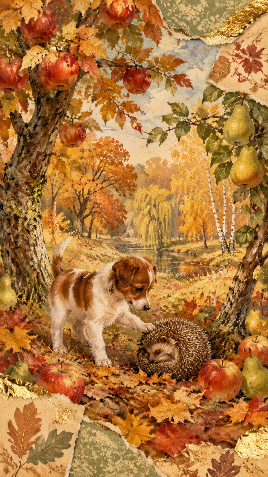 Ouriço e cachorro em colagem de floresta colorida de outono