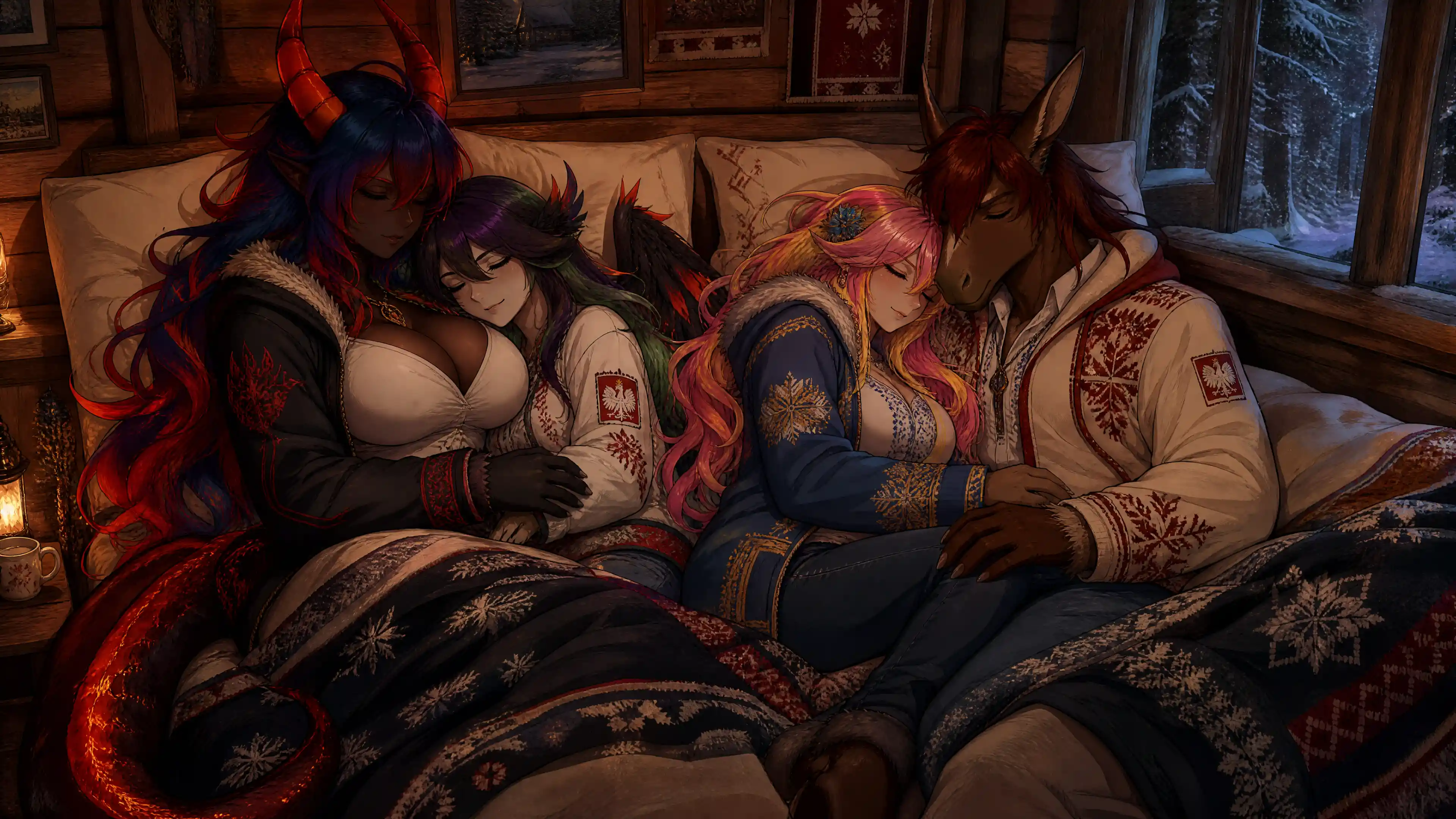 Fantasy couple sleeping together in a cozy winter cabin