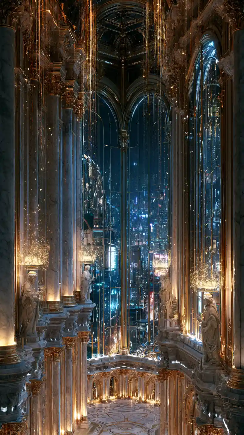 Majestic marble hall merging classical pillars with futuristic design
