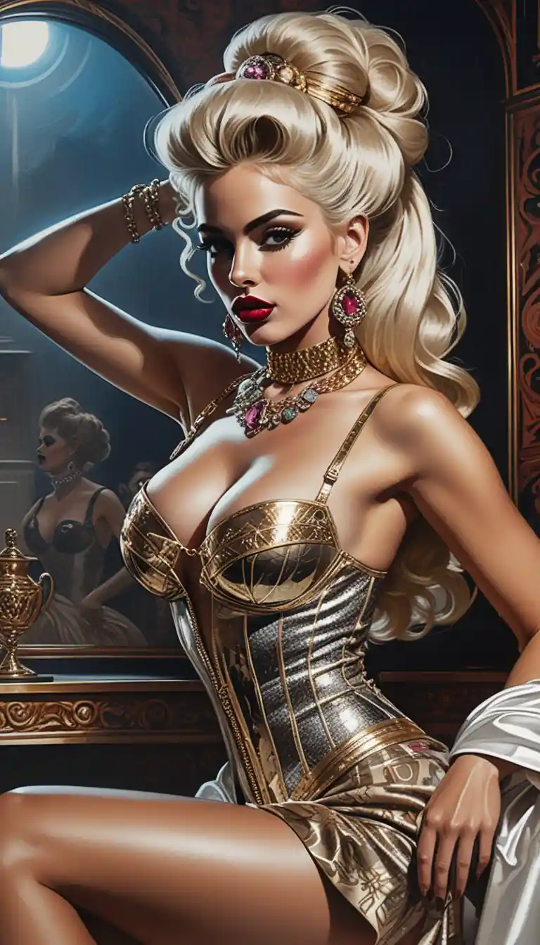 Neonbeleuchtetes, kurtisanen‑inspiriertes Fashion-Göttinnen-Pin-up-Porträt