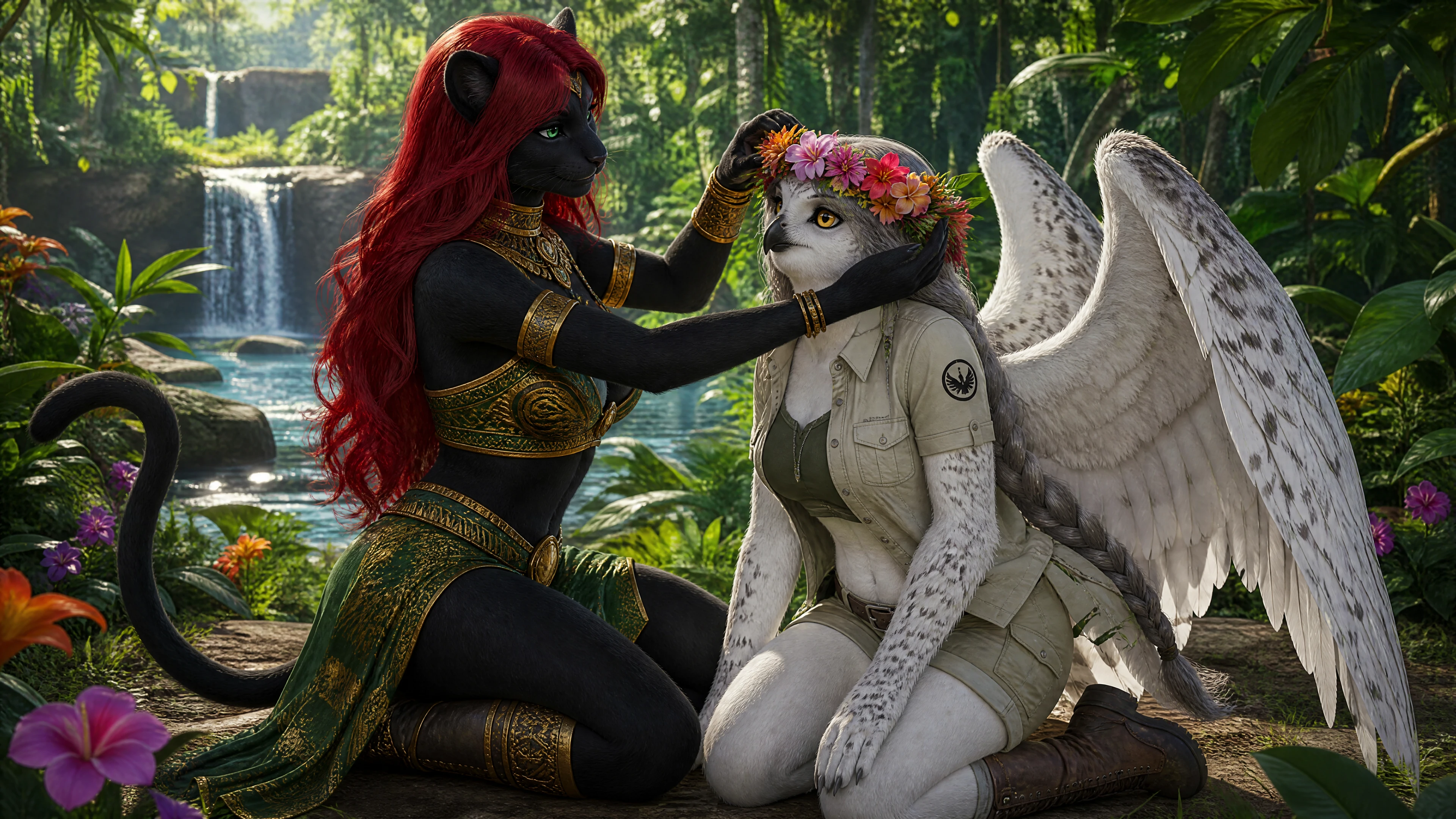 Panther princess crowning her owl wife in tropical jungle