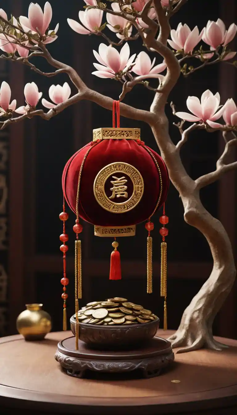 Chinese money tree in red velvet prosperity bag with coins
